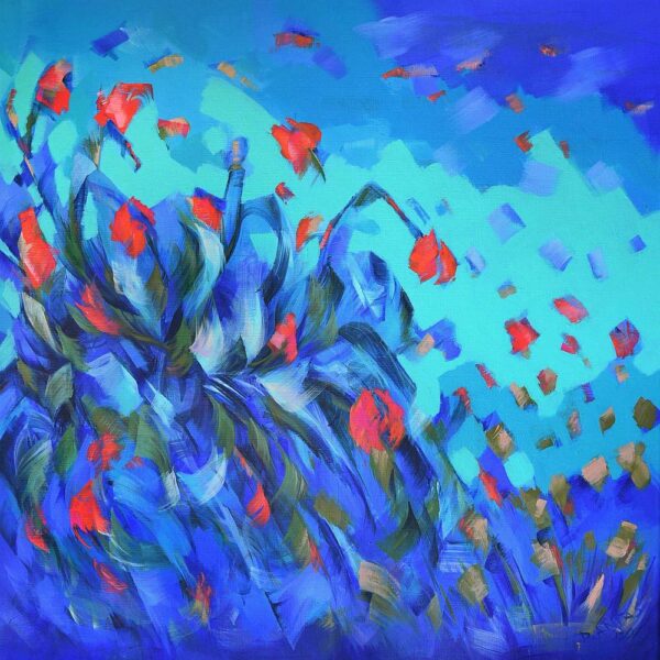 floral blue abstract, big abstract, big square abstract, blue abstract painting, floral painting, square abstract paintings, Trebah Garden