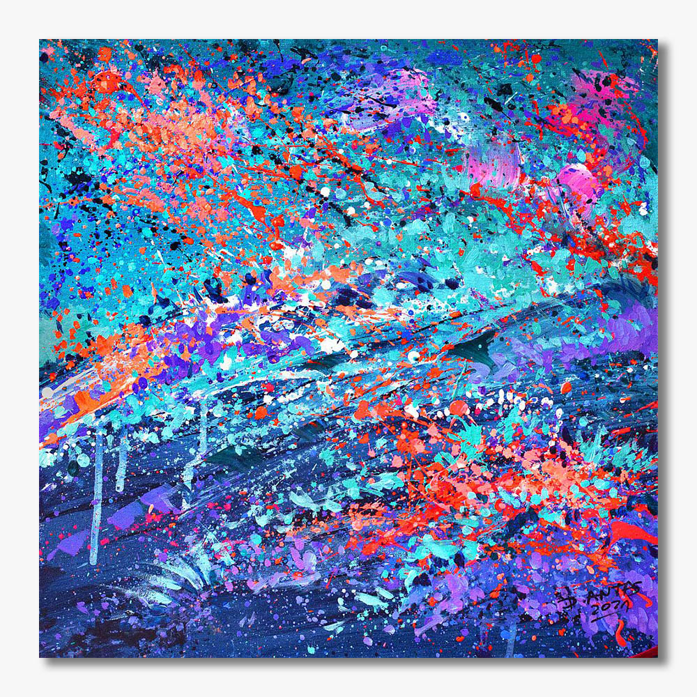 Obraz abstrakcyjny Ocean zainspirowany malarstwem akcji Jacksona Pollock'a. obraz abstrakcyjny, jackson pollock inspiracje, ocean, malarstwo akcji, obraz zachód słońca