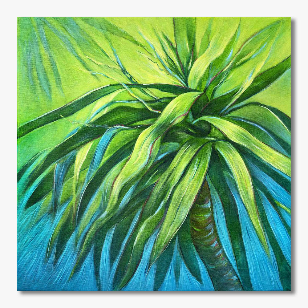 Dracena II ekspresjonistyczny obraz o tematyce botanicznej. Idealny obraz do niedużego salonu. Obrazy nowoczesne do dekoracji wnętrz obraz do salonu, obrazy niebieskie, obrazy kwadrat, obraz abstrakcja, dracena, nowoczesne obrazy do salonu, obraz kwiaty, obrazy spokojne
